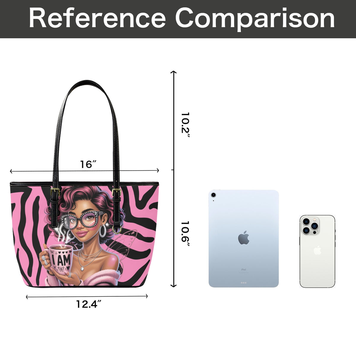Handbag with a design of a woman holding a coffee cup, compared in size to an iPad and iPhone on a white background.