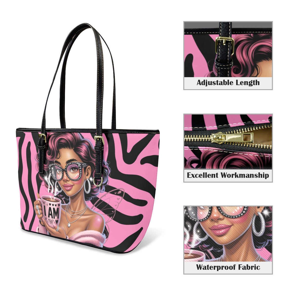 Tote bag with a design of a woman with pink hair and glasses, featuring text and zebra pattern.