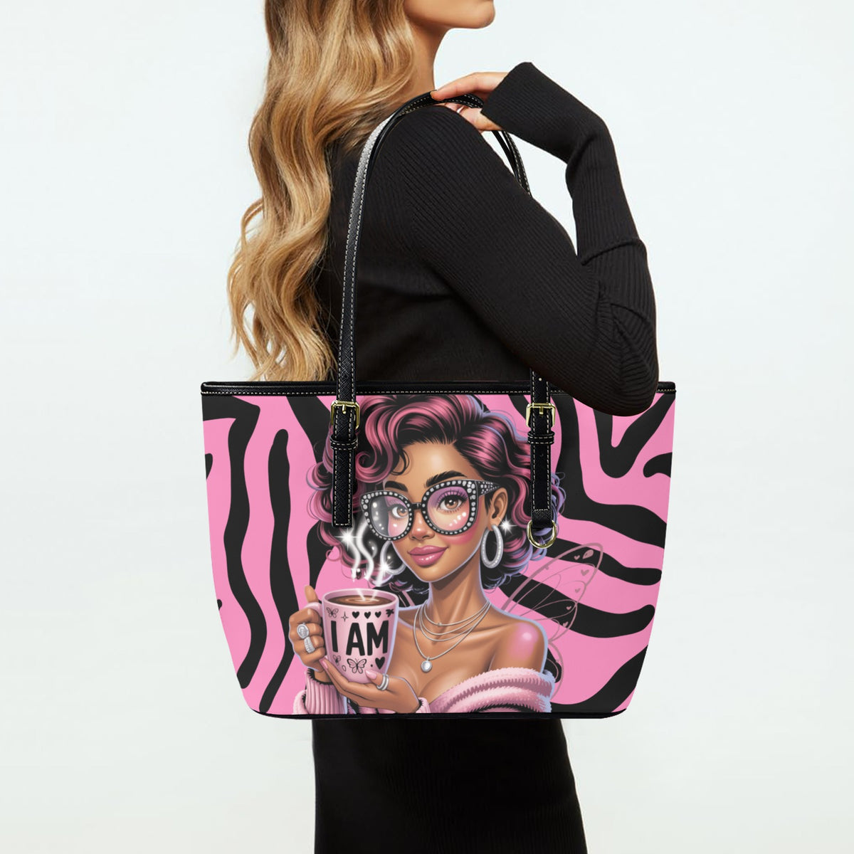 A caucasian woman holding a Tote bag with a pink and black zebra pattern and a graphic of a woman holding a coffee cup.