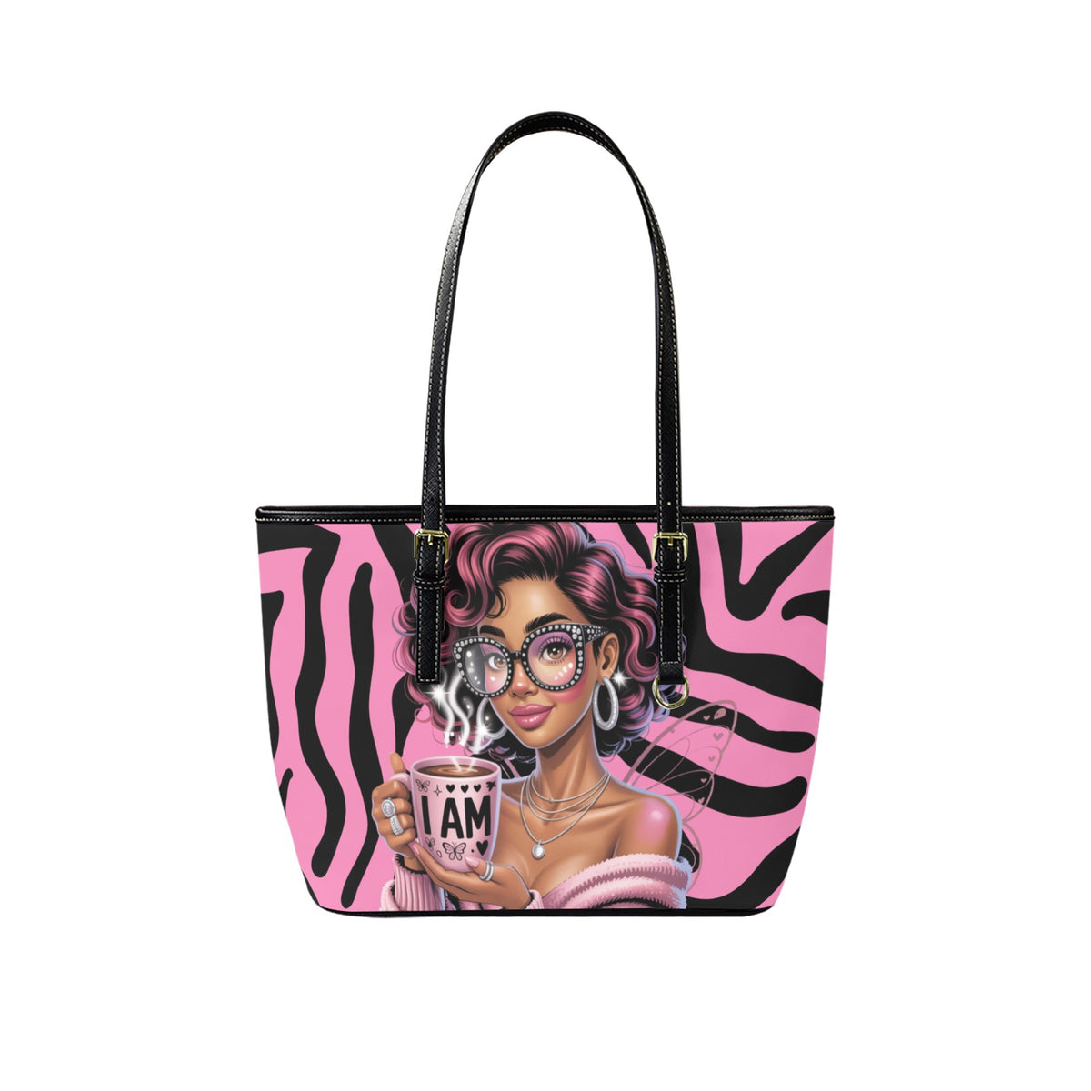 Tote bag with a design of a woman holding a coffee cup on a pink and black zebra pattern background.